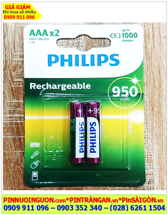 Pin sạc Philips R03B2A95/97, Pin sạc AAA 1.2v Philips R03B2A95/97 (AAA 950mAh 1.2v) chính hãng (Loại Vỉ 2viên)
